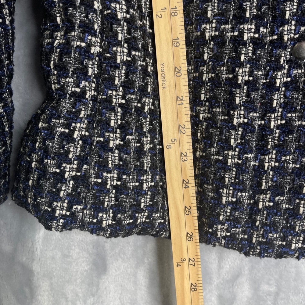 Ann Taylor Tweed Puffer Jacket Women L Black Navy Plaid High Neck Preppy Classic - Picture 8 of 8